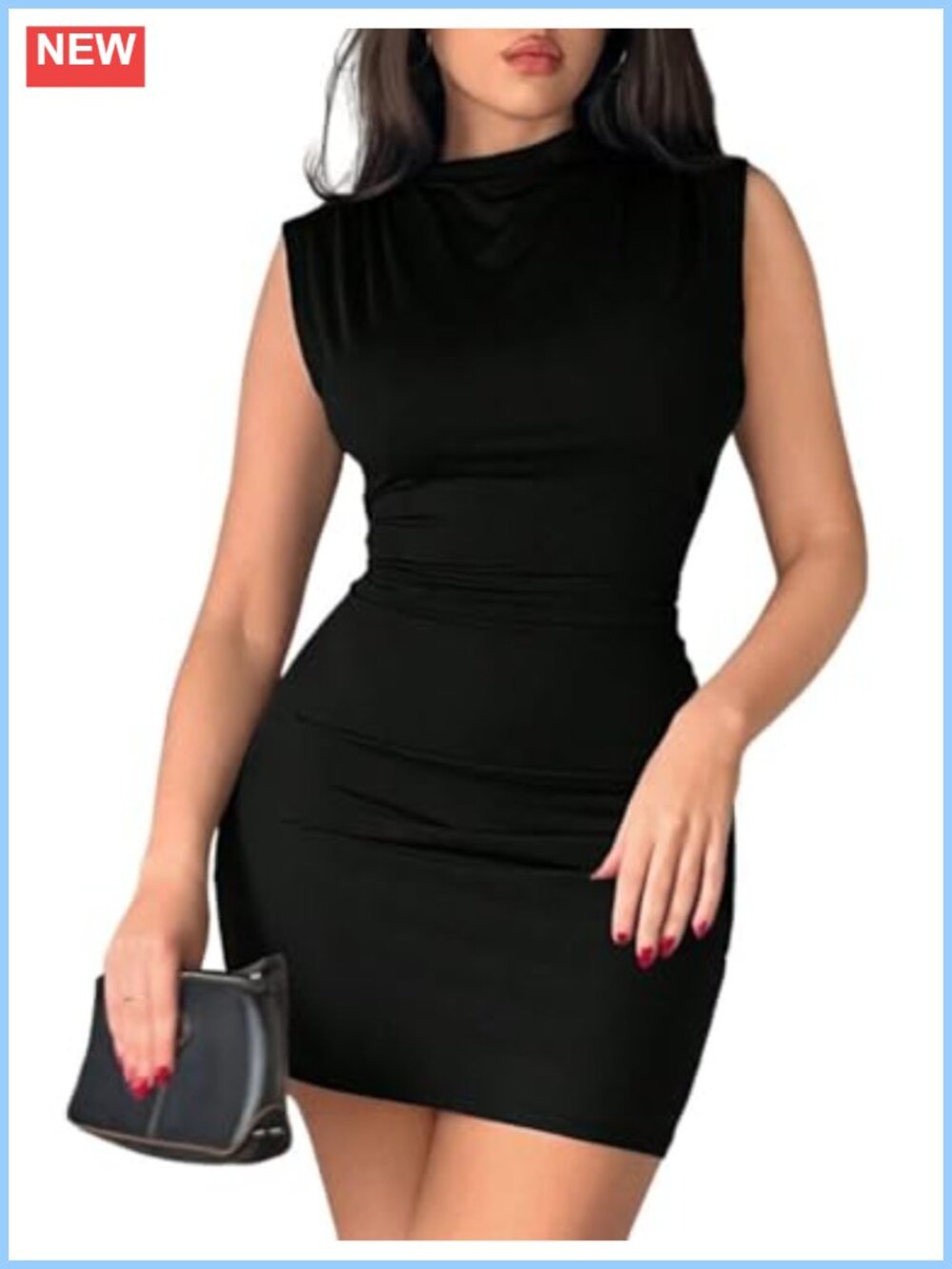 Women Ruched Bodycon Mini Dress Mock Neck Sleeveless Club Party Cocktail